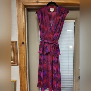 Vintage 80's Lightweight Dress with Tie Belt, Purple/Multi Peplum Dress.  Size 8